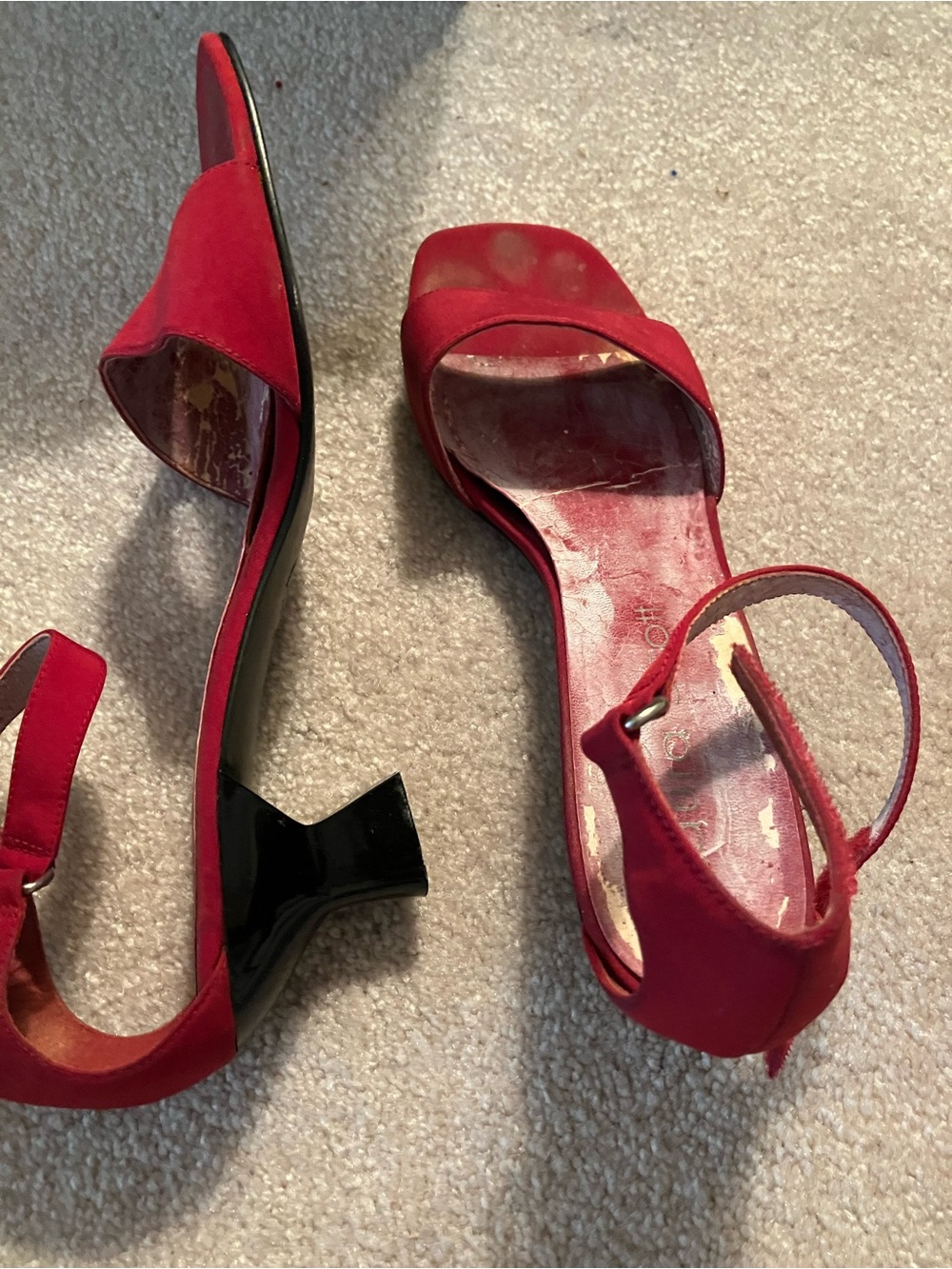 Laura Scott Red Open-Toe Ankle-Strap Heels with Black Sculpted Heel